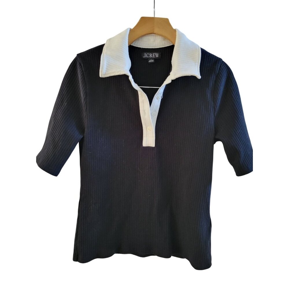 J. Crew Women Black Ribbed Knit Polo top size large Neutral Minimalist Old Money